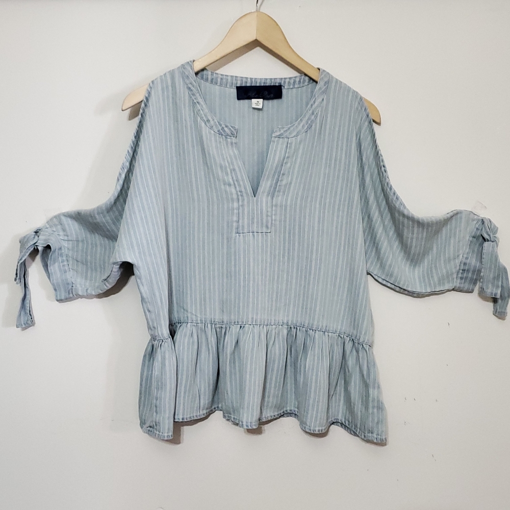 Blue Rain Striped Cold Shoulder Peplum Top